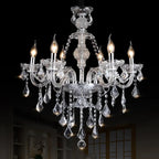 Elegant European-style crystal chandelier with ornate arms and tassels, featuring sparkling decorative crystal pendants.