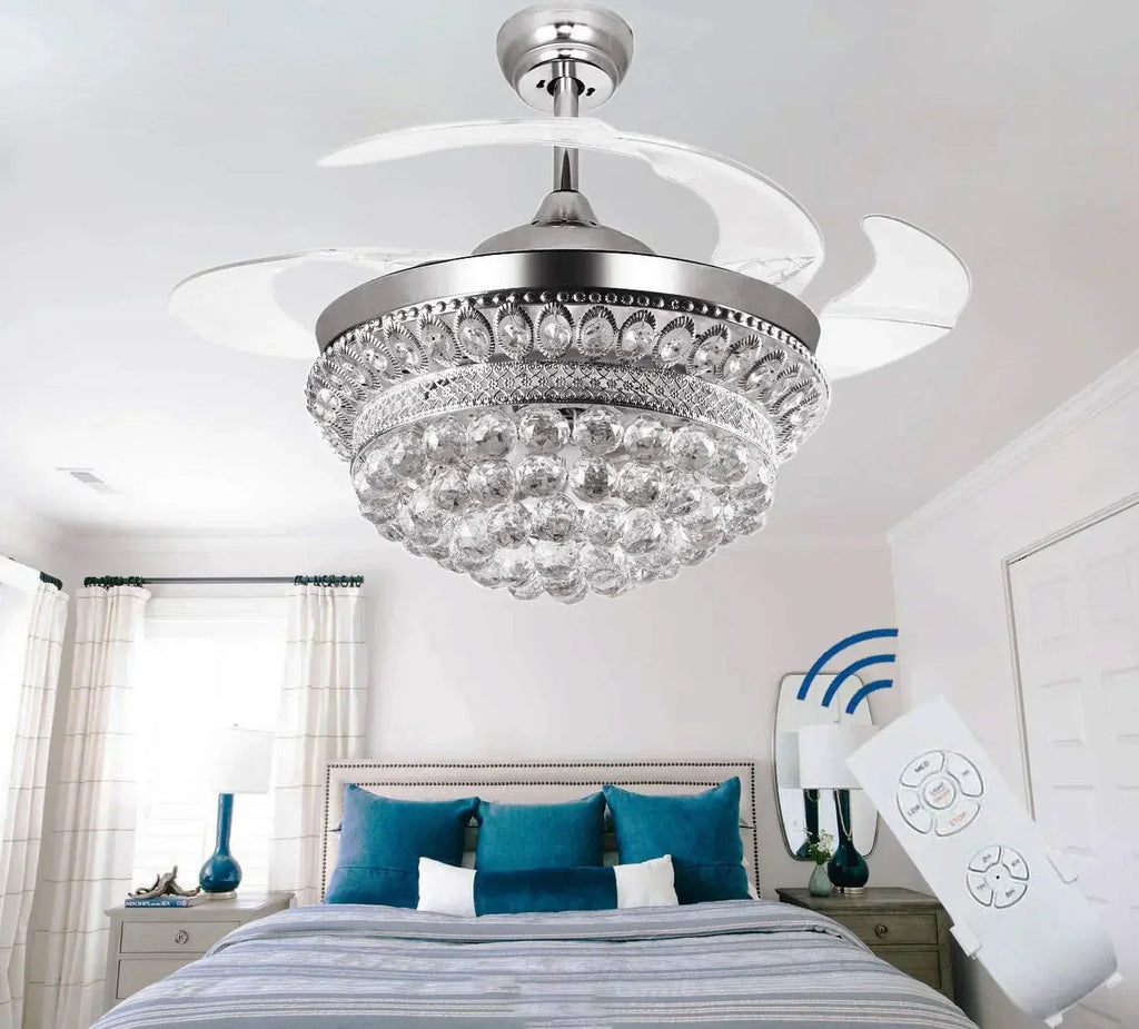 Maison Ornate Crystal Bedroom Chandelier with Integrated Fan LED, sparkling crystals and sleek design.