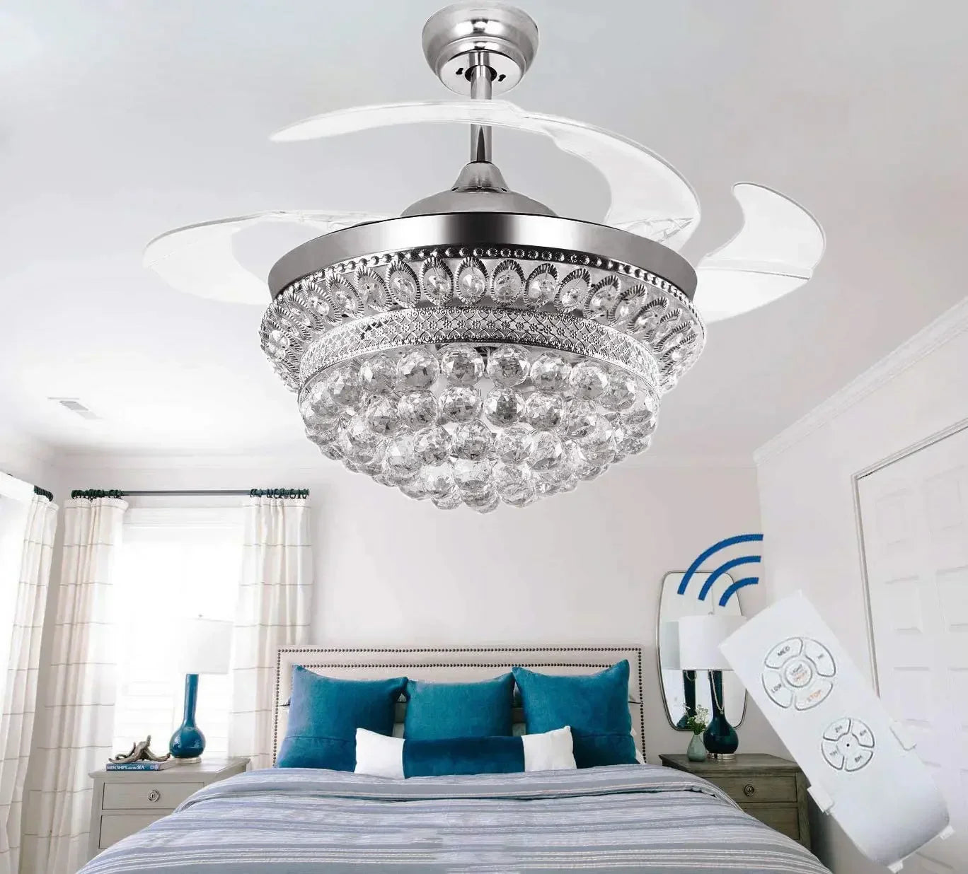 Maison Ornate Crystal Bedroom Chandelier with Integrated Fan LED, sparkling crystals and sleek design.
