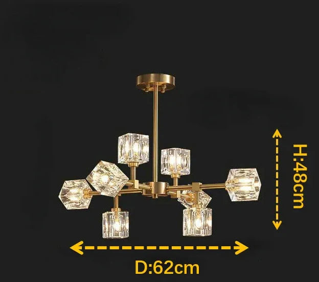 Six-crystal cube chandelier with gold arms and LED lighting, 62 cm wide, 48 cm tall.