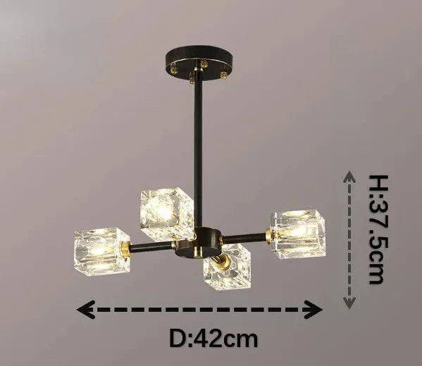 Modern black crystal chandelier with three glass cube LED lights, diameter 42 cm, height 37.5 cm.