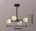 Modern black crystal chandelier with three glass cube LED lights, diameter 42 cm, height 37.5 cm.