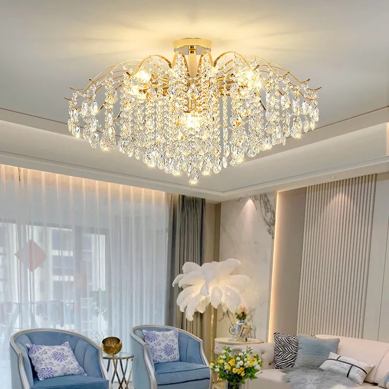 Maison Ornate Modern Crystal Chandelier for Bedroom with LED lighting, featuring elegant crystal details.