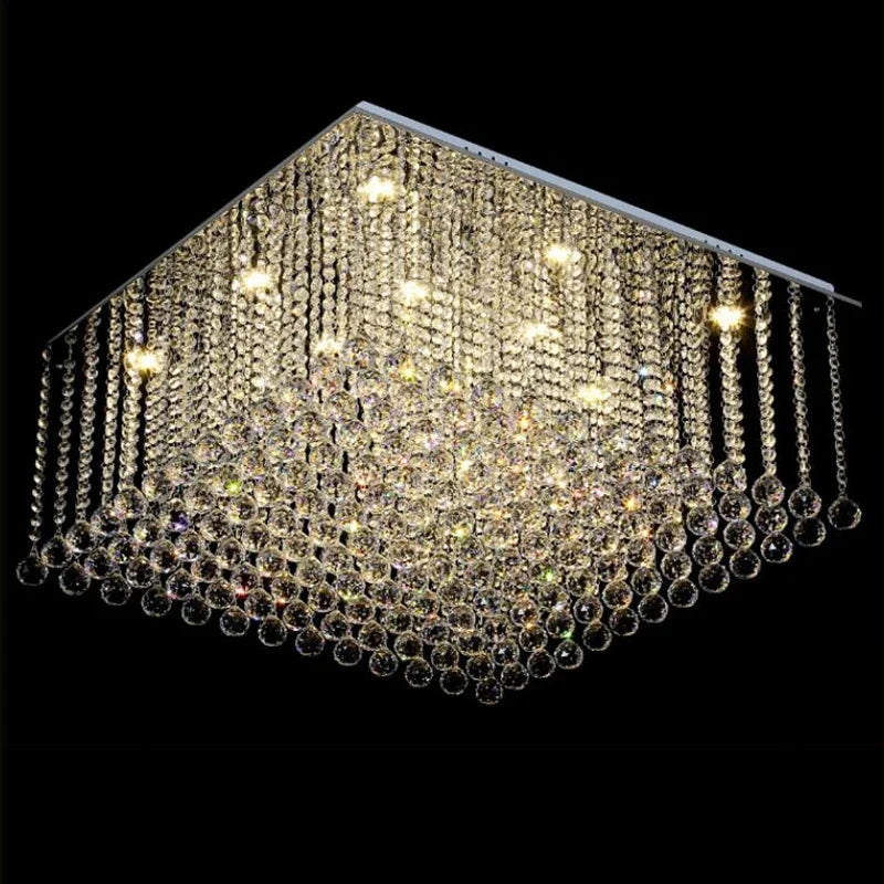 Square chandelier with tiered crystal beads and spheres, warm LED-lit, Art Deco luxury design.