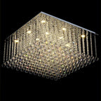 Square chandelier with tiered crystal beads and spheres, warm LED-lit, Art Deco luxury design.