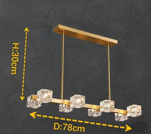 Maison Ornate Modern Crystal Chandelier with six cube LED lights, gold finish, adjustable design.