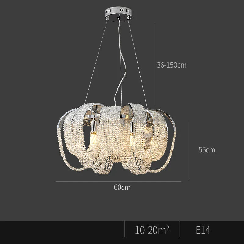 Modern Nordic crystal chandelier with chrome accents, LED tassels, adjustable cord, E14 bulbs, 60 cm wide.