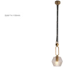 Modern glass-shaded chandelier suspended by leather strap and chain, round ceiling mount, illuminated. D200 x H1150mm.
