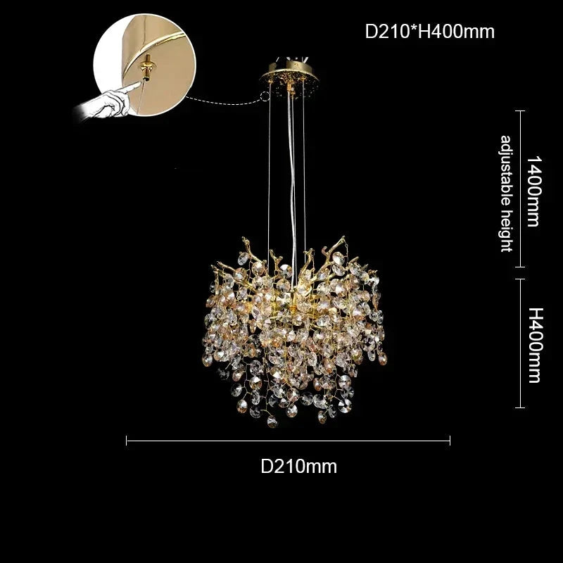 Elegant gold and crystal chandelier with hanging beads, LED remote, adjustable height, installation clip inset.
