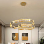 Maison Ornate Modern Elegant Crystal Suspension Chandelier with integrated LEDs, sparkling crystals, and sleek design.