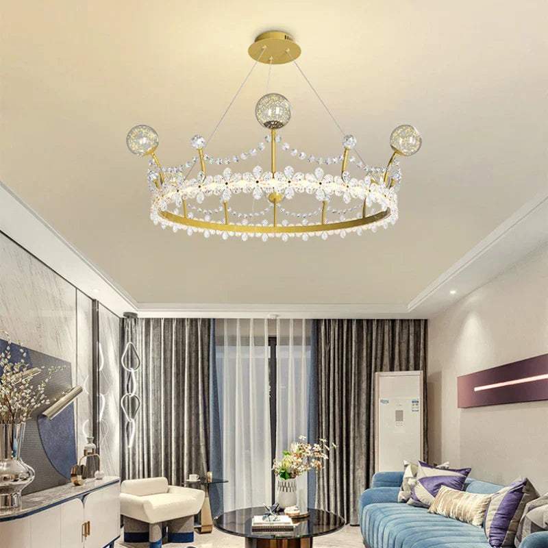 Maison Ornate Crown-Shaped Crystal Ball Chandelier, a striking ceiling pendant with sparkling crystal details.