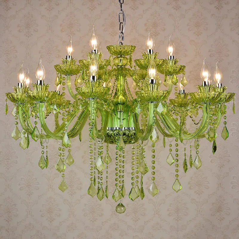 Maison Baroque crystal chandelier with green glass, 15 candle bulbs, silver chain, dangling crystals.