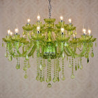 Maison Baroque crystal chandelier with green glass, 15 candle bulbs, silver chain, dangling crystals.
