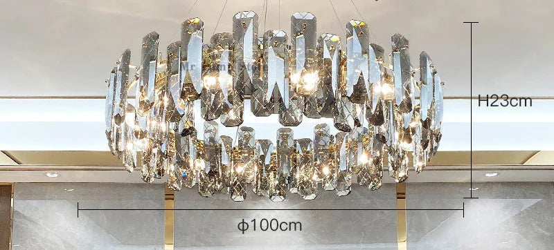 Modern Crystal LED chandelier with vertical glass prisms, multiple LEDs, 100 cm diameter, elegant and contemporary design.