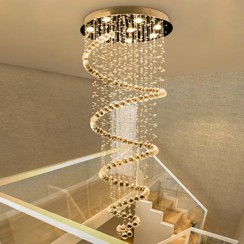 Maison Ornate Duplex Spiral Crystal Pendant Light with cascading spheres and elegant suspended design.