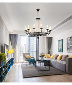Maison Ornate Industrial Crystal Chandelier featuring iron and acrylic details, distinctive modern lighting design.
