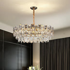Maison Ornate Modern LED chandelier with tiered glass prisms and twisted rope cord, elegant lighting.