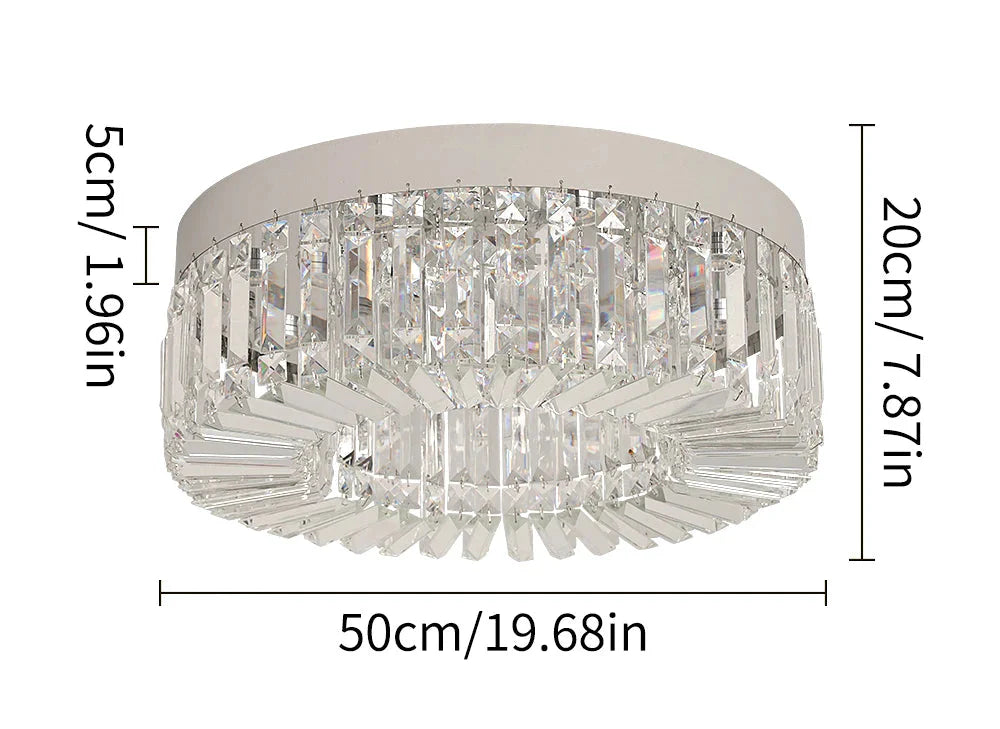 Modern gold crystal chandelier with integrated LED, 50cm wide, 20cm high, 5cm thick base.