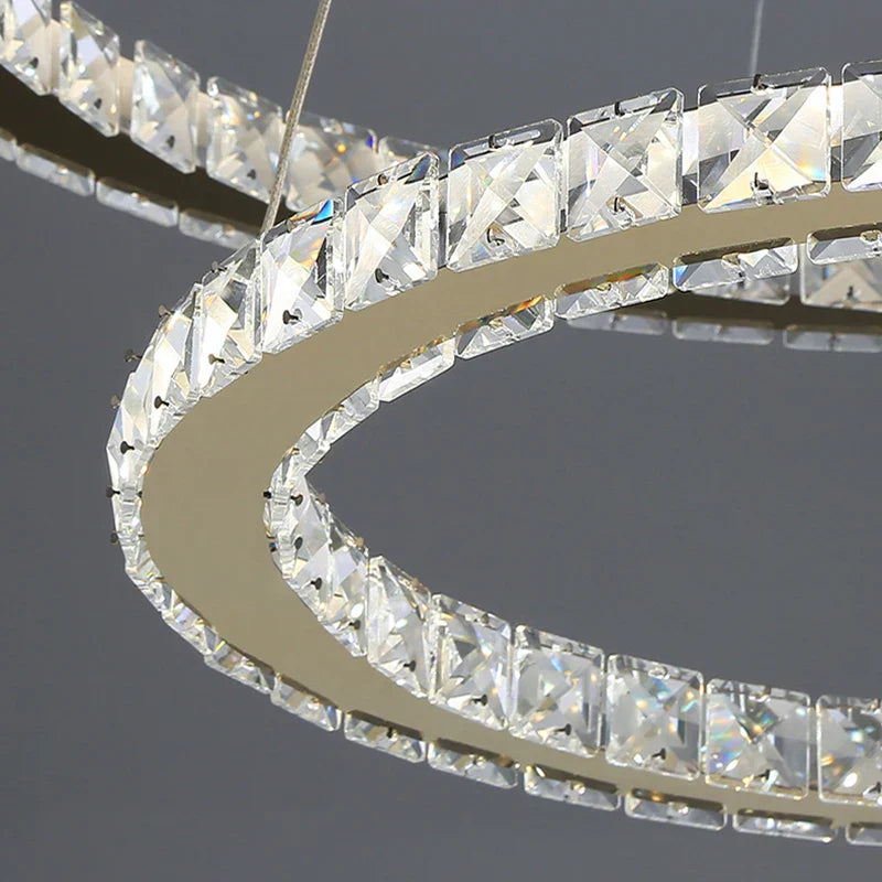 Maison Ornate Golden Crystal Chandelier with LED rings, glass balls, and square-cut crystal accents.