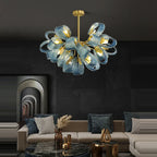 Maison Ornate's Crystal Glass Chandelier with LED Golden Design, elegantly suspended, features intricate crystal detailing.