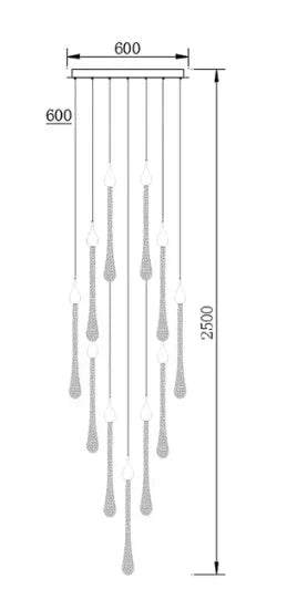 Modern LED crystal chandelier with 12 raindrop pendants, 600 mm base, adjustable height.