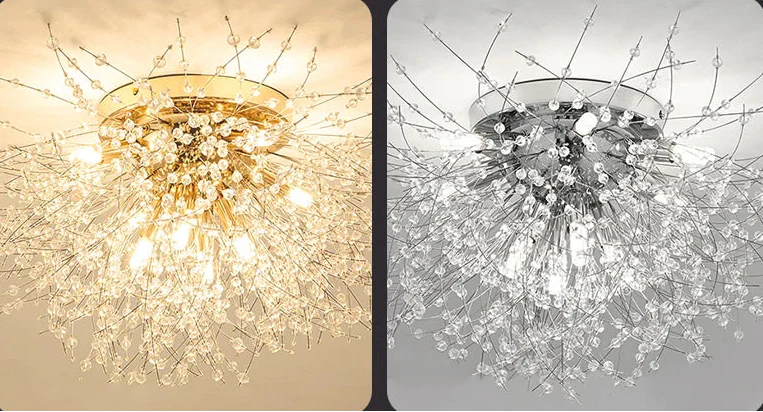 Side-by-side of Maison Ornate Modern LED chandelier lit warmly left, unlit right; crystal accents visible.