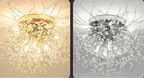 Side-by-side of Maison Ornate Modern LED chandelier lit warmly left, unlit right; crystal accents visible.