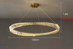 Gold-frame crystal chandelier with LED, adjustable suspension, 4-wire hanging, 100cm wide, ornate modern design.