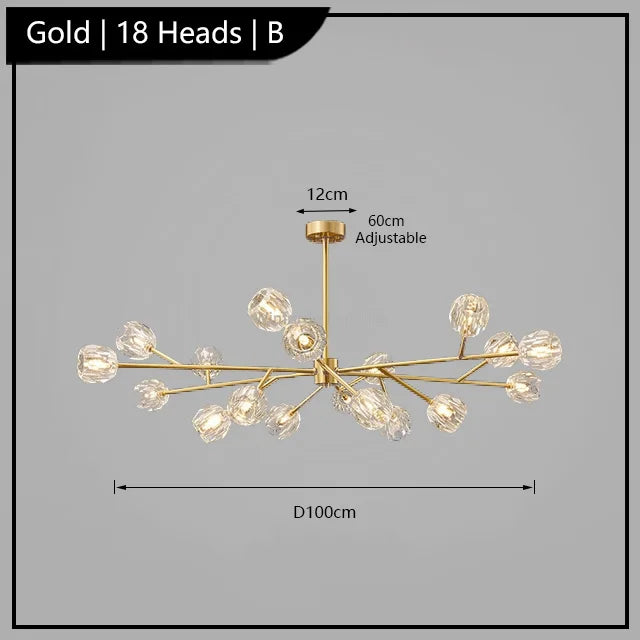 Maison Ornate Postmodern chandelier with 18 LED-lit glass globes and branching arms, adjustable drop.