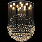 Polished steel chandelier with LED lights and cascading crystal spheres in a circular design.