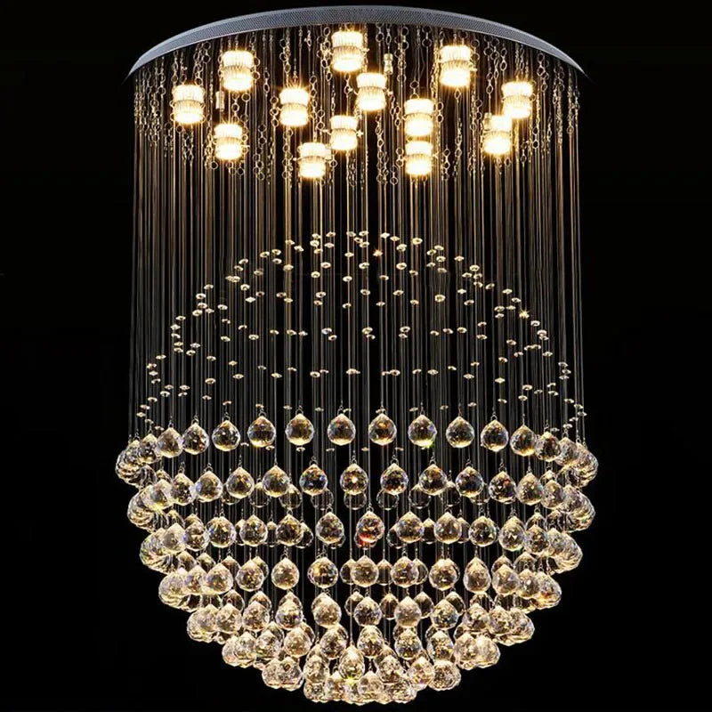 Polished steel chandelier with LED lights and cascading crystal spheres in a circular design.