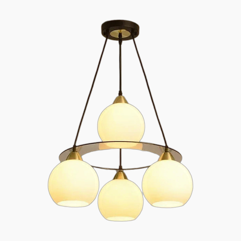Modern crystal chandelier with three round lights on a circular frame, black rods, and mount.