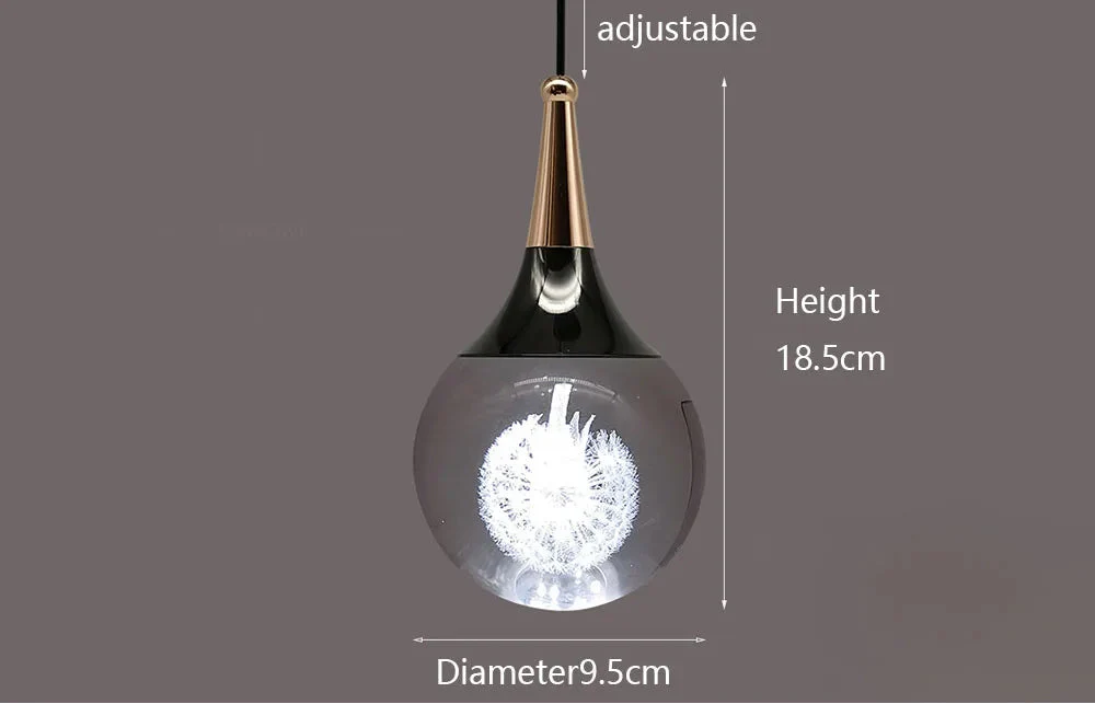 Teardrop glass LED chandelier with white dandelion pattern, adjustable drop, 18.5x9.5 cm ceiling-mounted.