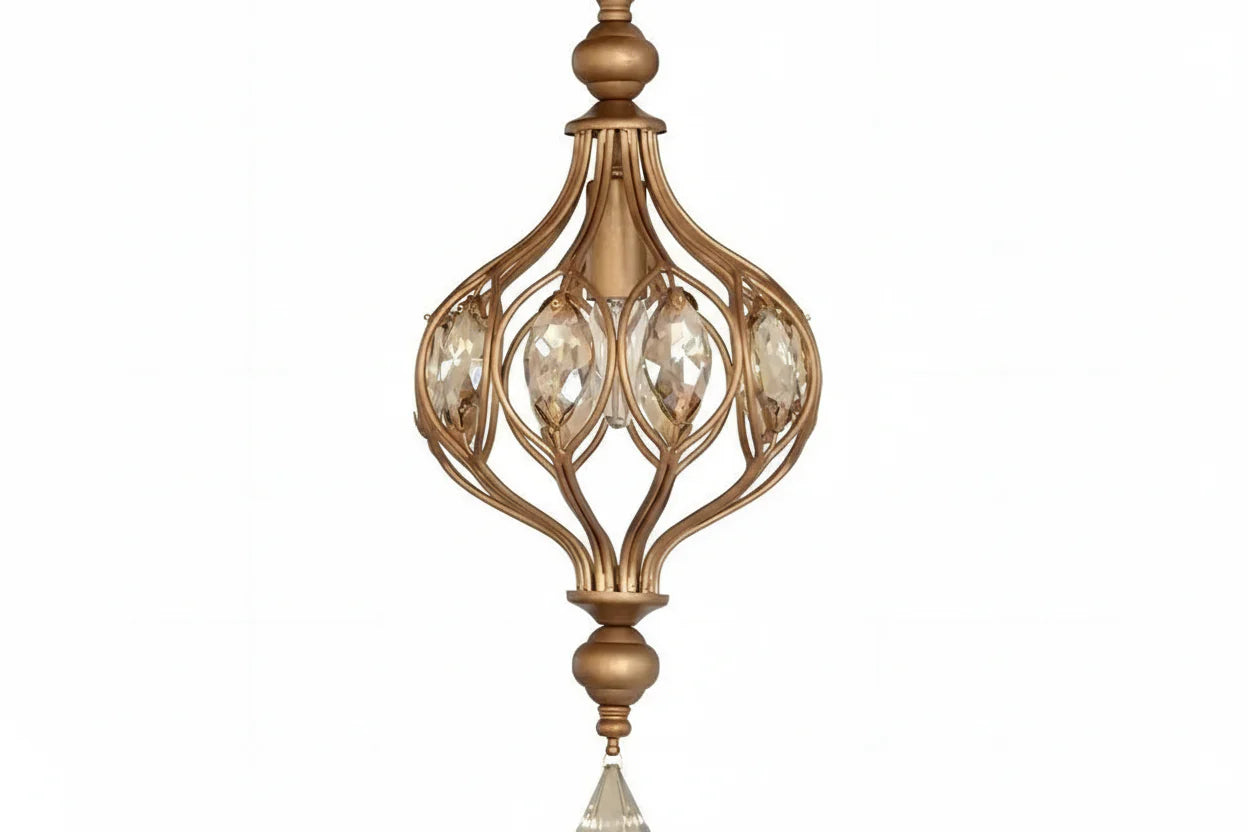 Elongated bronze vintage chandelier with curved arms, crystal details, and single faceted drop. E27 LED compatible.