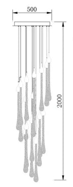 Line drawing of Maison Ornate Modern LED Crystal Chandelier with multiple pendants, adjustable height, dimensions labeled.