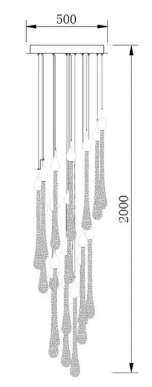 Line drawing of Maison Ornate Modern LED Crystal Chandelier with multiple pendants, adjustable height, dimensions labeled.