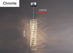 Textured cylindrical LED crystal chandelier, dimmable, 46cm tall, 12cm wide with adjustable cord.