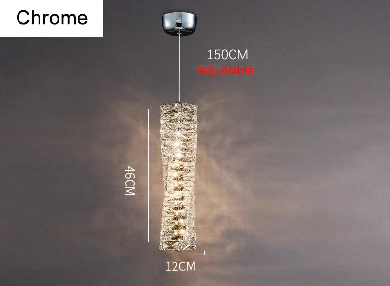 Textured cylindrical LED crystal chandelier, dimmable, 46cm tall, 12cm wide with adjustable cord.