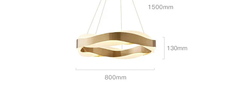 Golden chandelier with wavy LED rings, dimmable, gold finish, adjustable cables up to 1500mm.