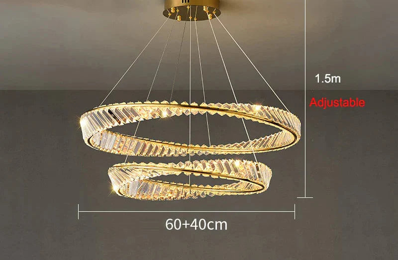 Maison Ornate Industrial Crystal LED Chandelier with double rings, adjustable cables, and warm lighting.