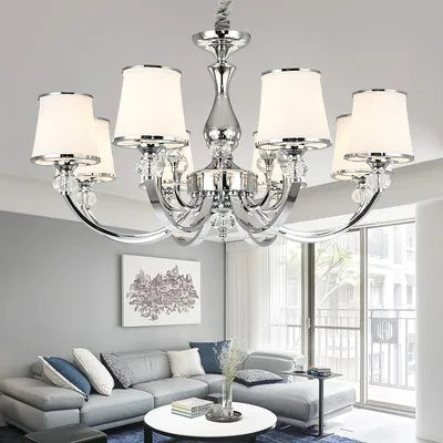 Maison Ornate Luxury Baroque Crystal Chandelier with six elegant white lampshades for interiors.