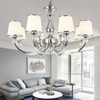 Maison Ornate Luxury Baroque Crystal Chandelier with six elegant white lampshades for interiors.