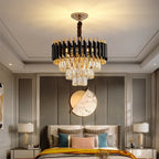 Maison Ornate K9 Crystal Luxury LED chandelier with black, gold, and sparkling crystal drops.