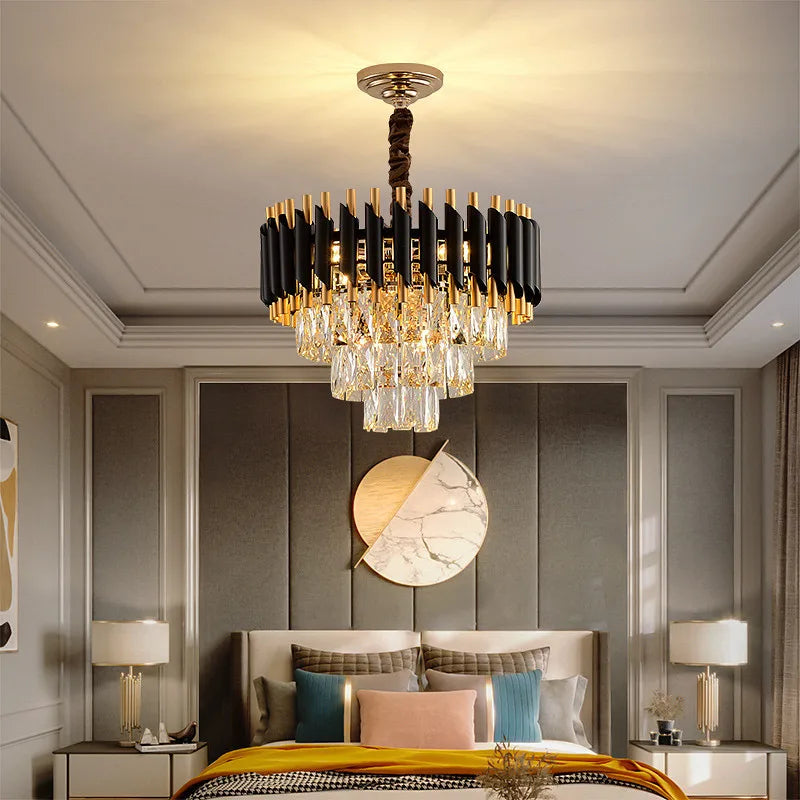 Maison Ornate K9 Crystal Luxury LED chandelier with black, gold, and sparkling crystal drops.