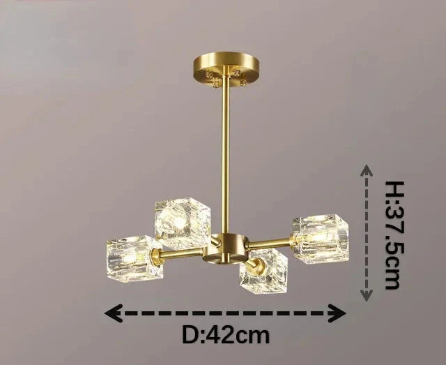 Modern gold-arm chandelier with cube glass shades, variable shape, LED lighting, 37.5x42 cm.