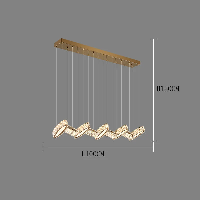 Rectangular chandelier with six modern crystal fixtures, L100CM x H150CM, LED elegant structure.
