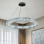 Maison Ornate K9 Crystal Industrial Chandelier: circular crystal design, LED-lit, suspended by three wires.