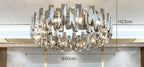 Large circular crystal LED chandelier with faceted glass and lit bulbs, measures 80 cm diameter.