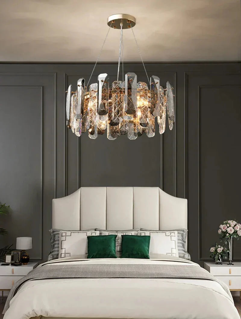 Maison Ornate Modern Crystal LED Luxury Ceiling Light, elegant chandelier with crystal details and sleek lines.