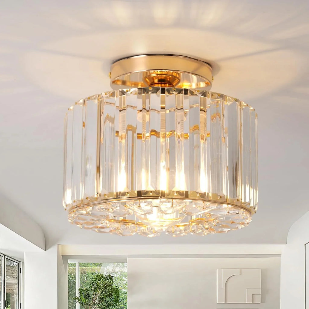 Ornate Art Deco chandelier with iron frame, vertical crystal prisms, round base, modern style.